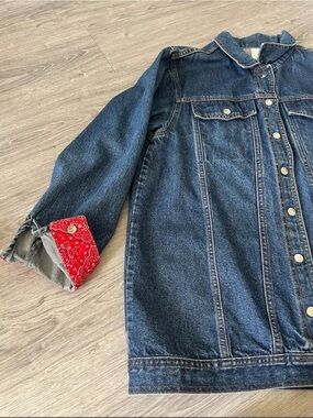 Unisex Dark Blue Denim Jacket with Red Bandana Cuff